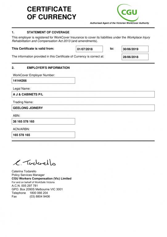 Certificate of Currency Geelong Joinery